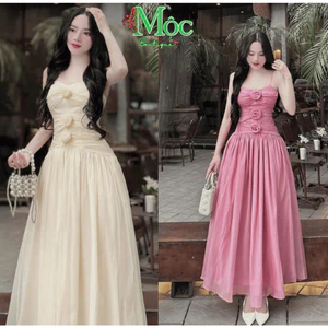 QC_ Đầm váy dài, đầm thiết kế đi tiệc dáng dài hai dây đính hoa nổi chất Tơ Nến mềm mịn sang trọng