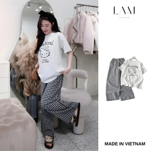 Set Bộ Nữ Áo Cotton Khô 2 Chiều + Quần Dài Đũi FreeSize Họa Tiết Dễ Thương Phong Cách Hàn Quốc