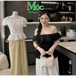 Set công sở áo trễ vai phối Ren nữ tính 2 kiểu mặc quần Đũi suông cao cấp thanh lịch đi làm đi chơi