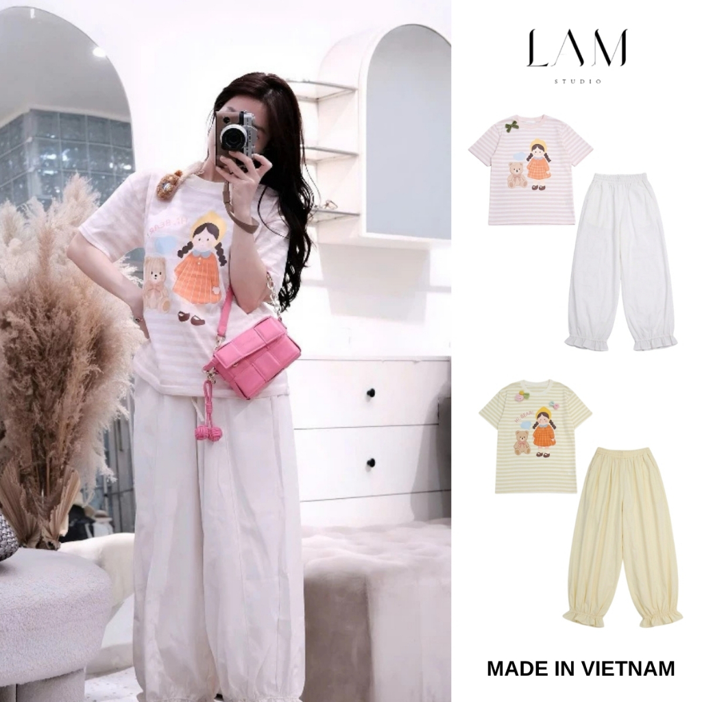 Bộ Đồ Mặc Nhà Nữ Áo Kẻ In Hình Dễ Thương Phối Quần Dài Ống Rộng Mềm Mát Thoải Mái