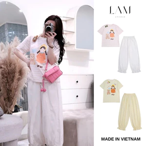 Bộ Đồ Mặc Nhà Nữ Áo Kẻ In Hình Dễ Thương Phối Quần Dài Ống Rộng Mềm Mát Thoải Mái