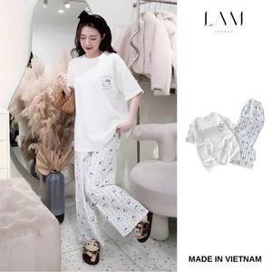 Bộ Đồ Nữ Mặc Nhà Quần Dài Áo Cộc, Set Basic Cổ Tròn Chất Cotton 2 Chiều Cao Cấp Mát Mịn, Nhiều Màu