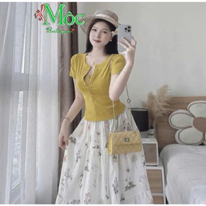 QC_Set váy dài, dồ đi biển áo Tăm Lạnh phối chân váy Tuyết Mưa dáng dài in hoa dễ thương