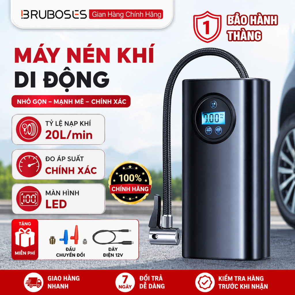 Máy Bơm Lốp Ô Tô Điện Mini Bruboses | Bơm Nhanh 20L/phút | Màn Hình LED | Tự Động Ngắt | Dùng Cho Ô Tô, Xe Máy