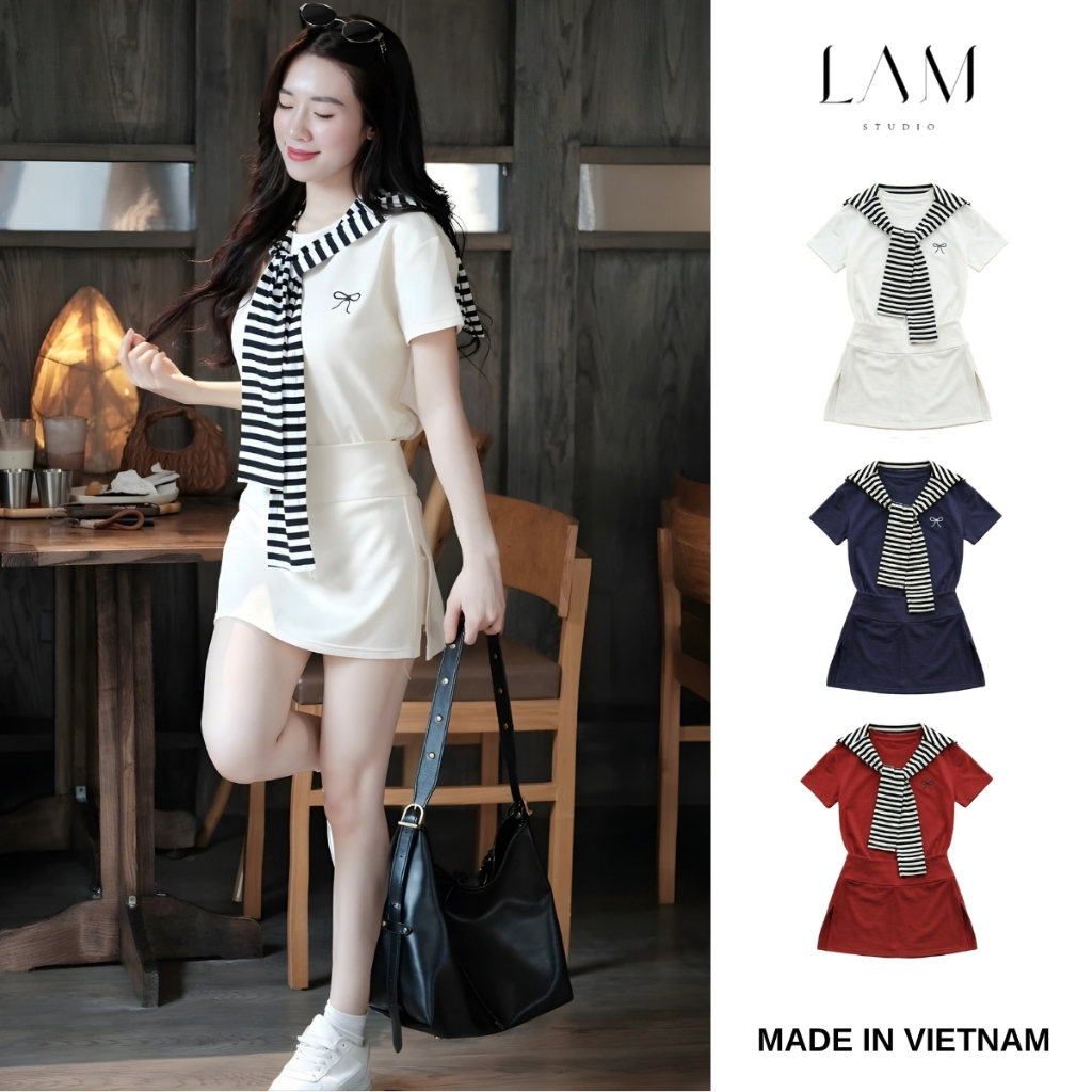 SET 3 Món Áo Thun Chân Váy Có Quần Trong Kèm Khăn Kẻ Phong Cách Hàn Quốc, Chất Vải Umi Không Nhăn