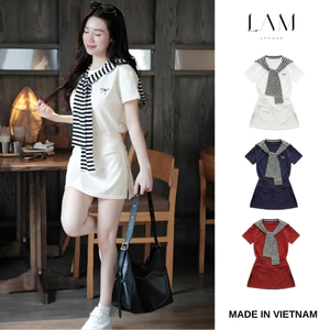 SET 3 Món Áo Thun Chân Váy Có Quần Trong Kèm Khăn Kẻ Phong Cách Hàn Quốc, Chất Vải Umi Không Nhăn