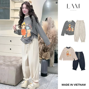 Sét bộ cotton dài tay phong cách hàn quốc mix quần thô cách điệu cute freesize <60kg