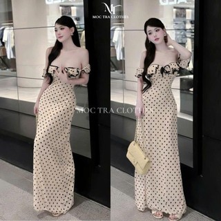 Váy trễ vai bi Loại 1 thiết kế phối bèo dáng maxi dài tiểu thư siêu xinh, Đầm kiểu nữ dự tiệc sang chảnh trẻ trung