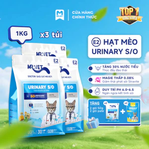 Hạt Cho Mèo MRVET E2 Combo 3 Gói 1KG Chăm Sóc Tiết Niệu Đa Chiều, 80% Đạm Động Vật Cao Cấp