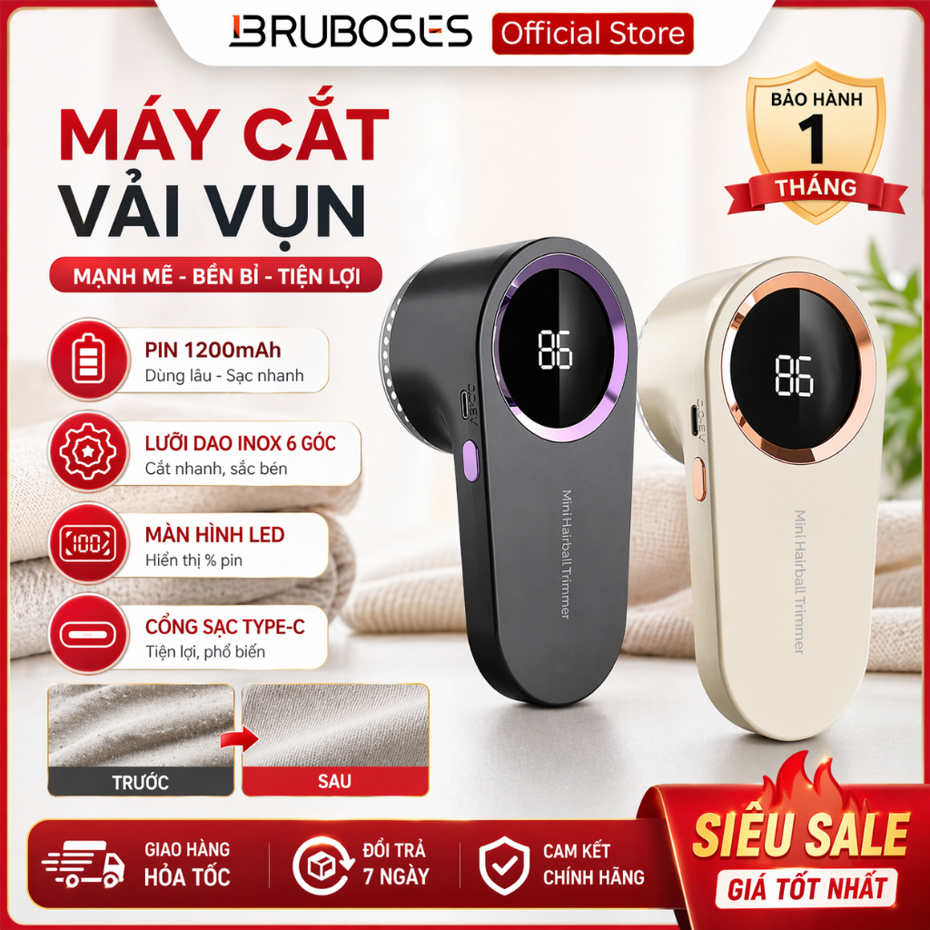 Bruboses Máy Cắt Lông Xù Quần Áo Mini Sạc Điện | 6 Lưỡi Dao Siêu Sạch, Màn Hình LED, Không Hại Vải
