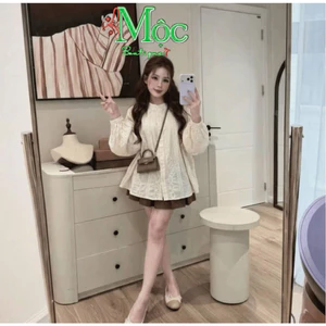 QC_Set váy ngắn áo Xô Thêu form rộng phối chân váy xếp ly có lót quần chất Coton lạnh thanh lịch
