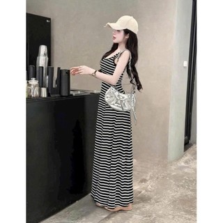 Váy body kẻ ngang Quảng Châu Cao Cấp dáng maxi xoè dài sang chảnh, Đầm kiểu nữ dự tiệc tiểu thư siêu xinh