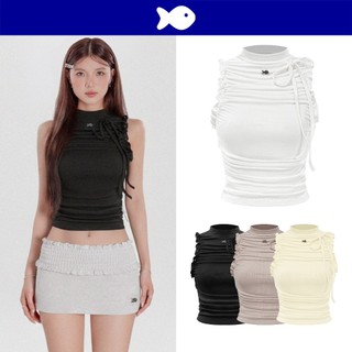 Áo ba lỗ nữ cổ cao họa tiết nhún bèo DKMV màu đen, trắng, vàng, nâu thiết kế thắt nơ nhún eo đáng yêu Kansai Top | K-T19