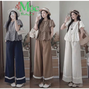 Set đi biển áo chấm bi 2 lớp tay búp Xước Hàn quần dài suông phối Ren có túi tiện lợi chuẩn hình