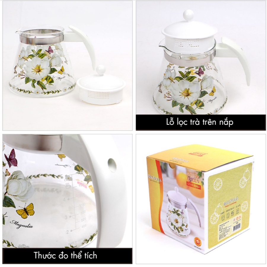 Bình trà, bình nước thủy tinh chịu nhiệt 1.2 lít mộc lan trắng Magnolia Simax Otto | Thái Dương Gia