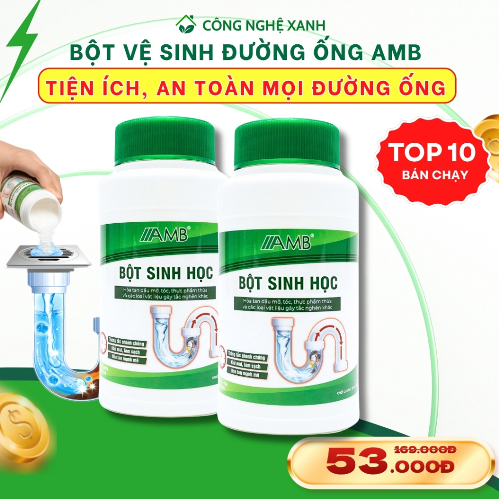 Bột sinh học đa năng AMB, bảo vệ đường ống bồn rửa mặt, chậu rửa bát, khử mùi hôi siêu nhanh, an toàn 200 gr