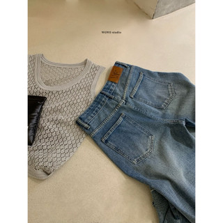 𝐏𝐡𝐢𝐞𝐧 𝐖𝐆𝐖𝐄 | (Sẵn) w9501 Quần Jean Viền Xích Ống Suông Rộng Xanh Mài