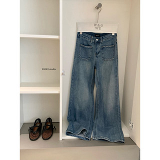 𝐏𝐡𝐢𝐞𝐧 𝐖𝐆𝐖𝐄 | (Sẵn) w9501 Quần Jean Viền Xích Ống Suông Rộng Xanh Mài