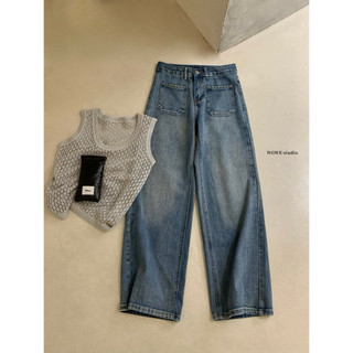 𝐏𝐡𝐢𝐞𝐧 𝐖𝐆𝐖𝐄 | (Sẵn) w9501 Quần Jean Viền Xích Ống Suông Rộng Xanh Mài
