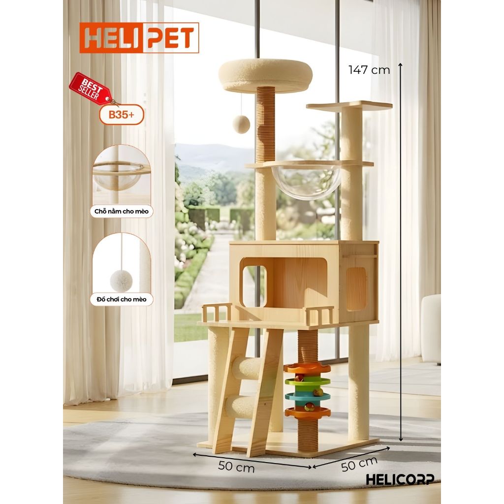 Nhà gỗ cattree cho mèo HELIPET nhà cây cào móng cho mèo, cây mèo cào móng chất lượng cao