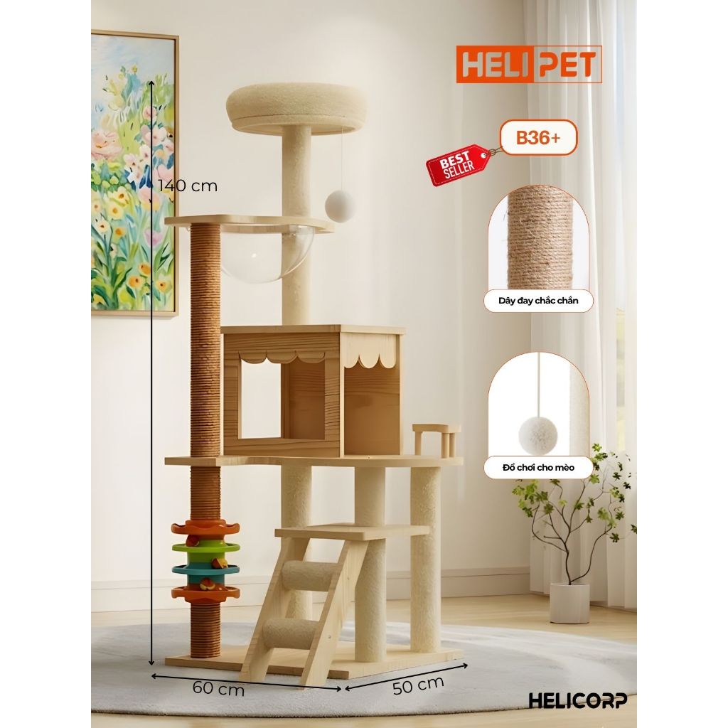 Nhà gỗ cattree cho mèo HELIPET nhà cây cào móng cho mèo, cây mèo cào móng chất lượng cao