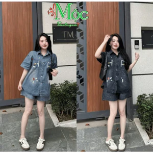 LS_ Set bộ đùi, set Jeans nữ mặc hè tay ngắn form rộng in cá tính kèm quần short ngố năng động