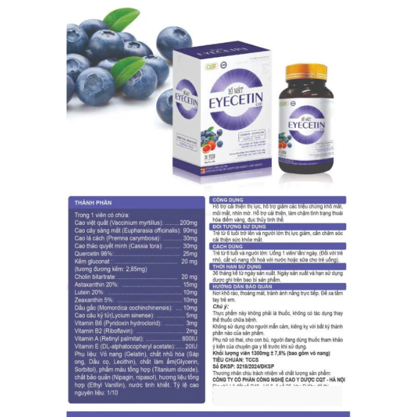 Viên uống bổ mắt hỗ trợ cải thiện tăng cường thị lực khô mắt mỏi mắt nhìn mờ EYECETIN Hộp 30 Viên
