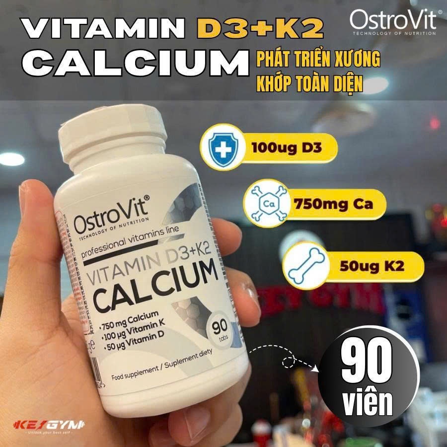 [Chính Hãng] OstroVit VItamin D3 K2 Calcium (90viên), Bổ Sung Canxi, Duy Trì Chắc Khỏe Xương Răng
