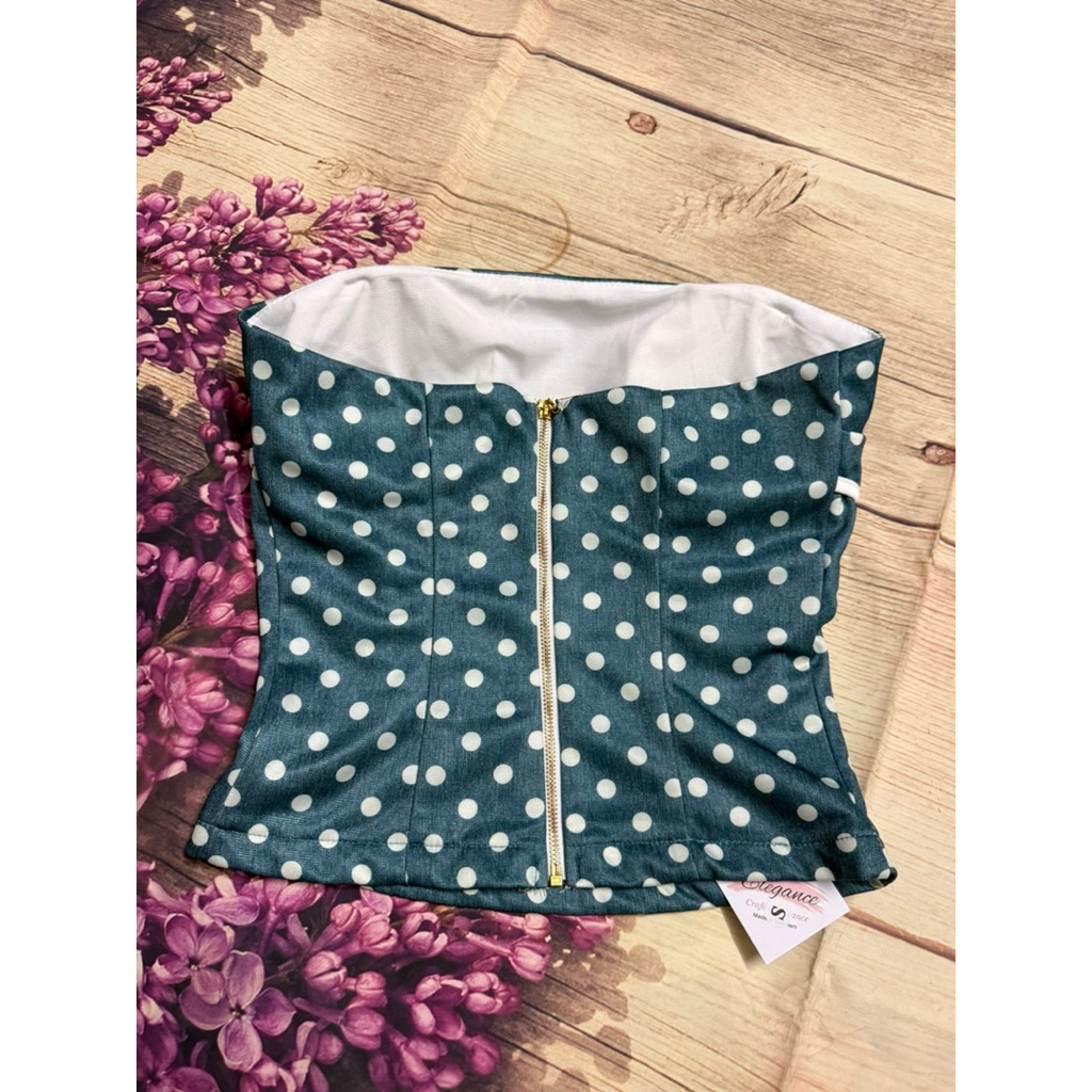 Áo Chấm Bi Xanh Viền Chân Ngực Kéo Khoá Sau, Có Mút Ngực, Áo Corset Cúp Ngực Dáng Dài TingTing 88