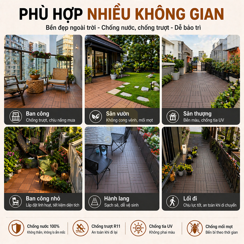 Combo 11 Vỉ Nhựa Lót Sàn Ban Công, nhà tắm, sàn nhựa giả gỗ PP.30cmx30cm HVNXK, sàn sân vườn