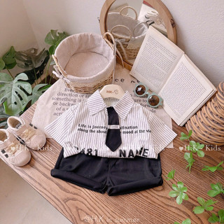 Set công tử kèm cà vạt - Bộ bé trai áo sơ mi mix quần đùi chất cotton mềm mát mặc đi chơi, sinh nhật, đi học Miniumbaby