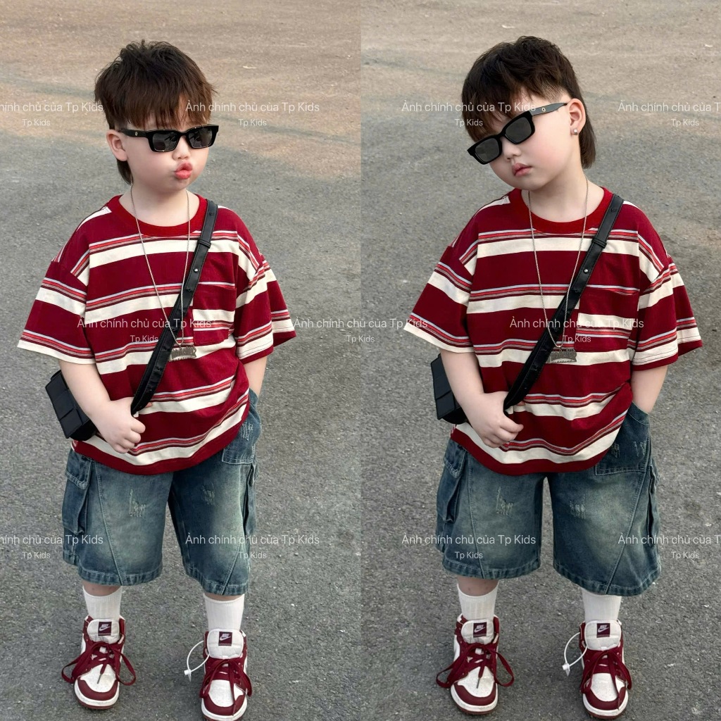 Set áo kẻ đỏ túi kèm quần ngố bò cho bé trai phong cách hàn quốc,TPKIDS,[M1266]