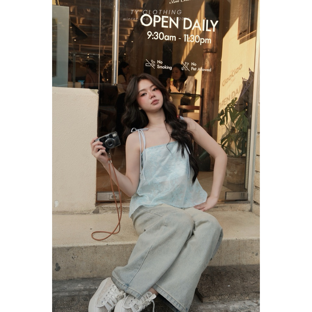 Áo nữ kiểu 2 dây cột, vải hoạ tiết kèm lớp lót lụa, Màu Xanh, Màu Trắng - Hàng Thiết Kế - TY CLOTHING