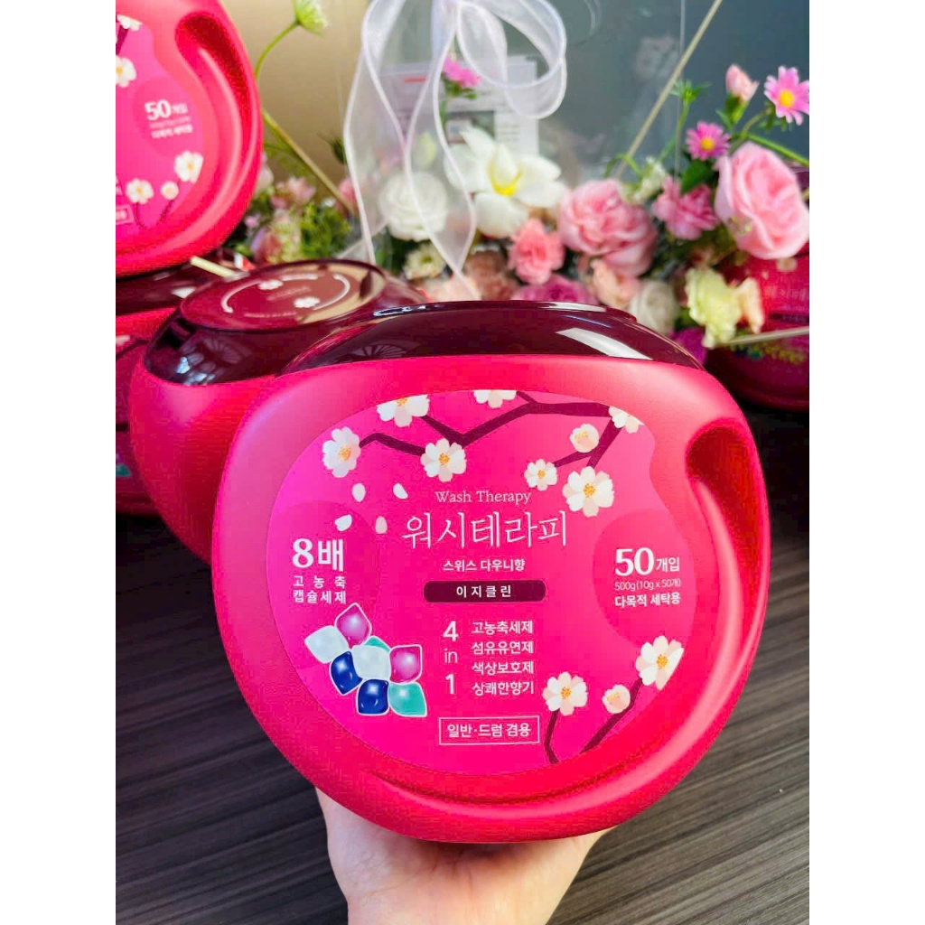 Viên giặt xả Wash Therapy 4in1 Hàn Quốc – Viên giặt quần áo thơm Downy, hộp 50 viên
