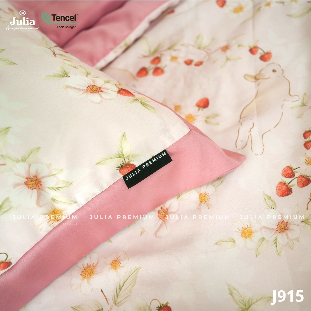 Bộ Chăn Ga Gối Lụa Tencel 100% Gỗ Sồi Cao Cấp Julia- Mềm Mịn, Mát Lạnh Màu Thỏ Hồng 915