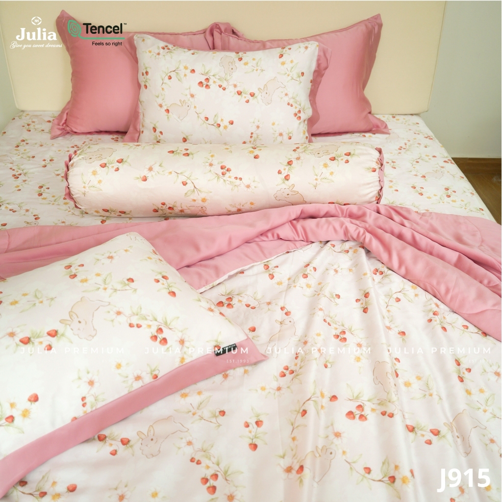 Bộ Chăn Ga Gối Lụa Tencel 100% Gỗ Sồi Cao Cấp Julia- Mềm Mịn, Mát Lạnh Màu Thỏ Hồng 915
