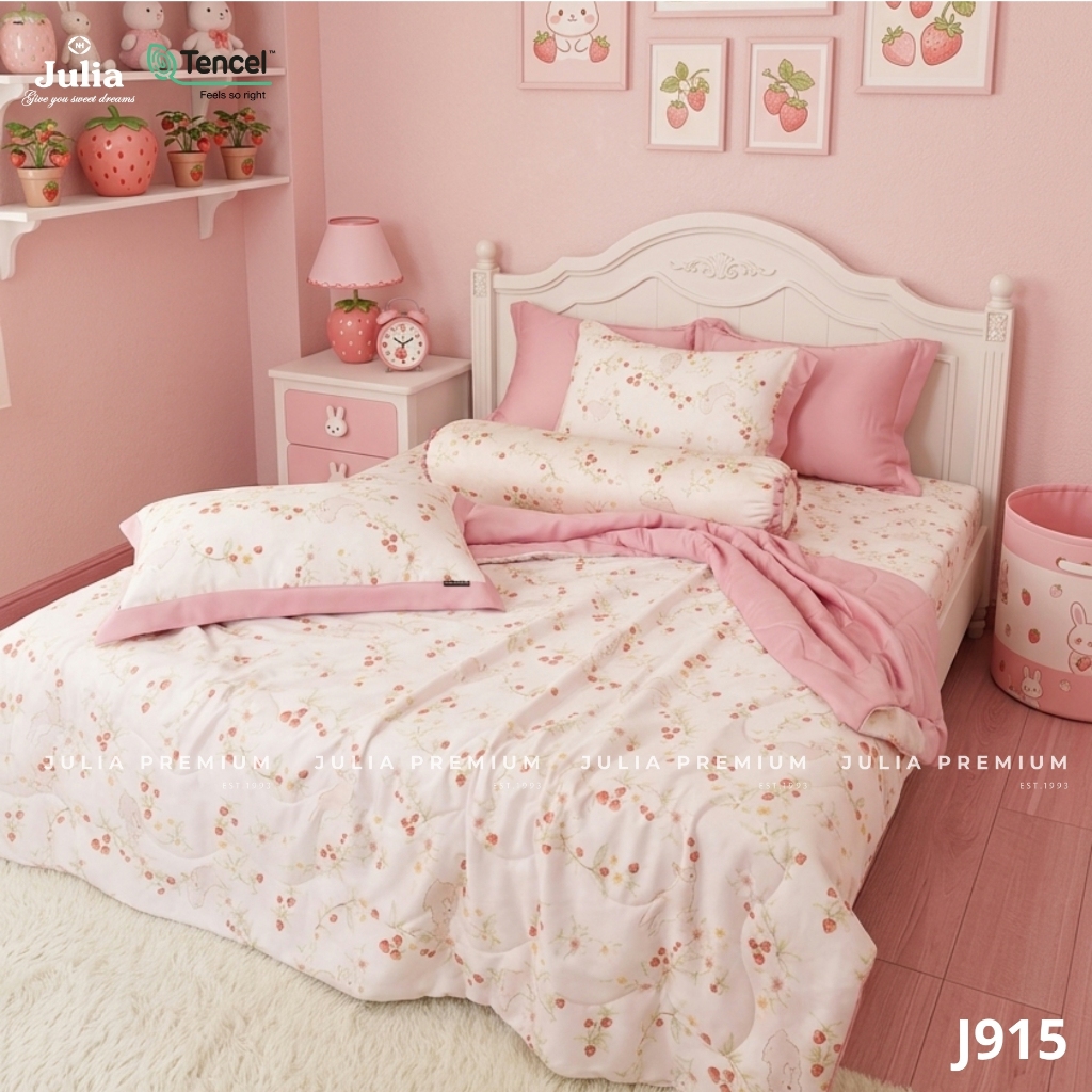 Bộ Chăn Ga Gối Lụa Tencel 100% Gỗ Sồi Cao Cấp Julia- Mềm Mịn, Mát Lạnh Màu Thỏ Hồng 915