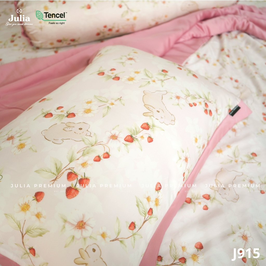 Bộ Chăn Ga Gối Lụa Tencel 100% Gỗ Sồi Cao Cấp Julia- Mềm Mịn, Mát Lạnh Màu Thỏ Hồng 915