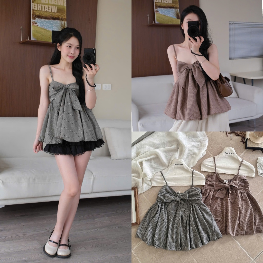 Misty Top (TSW) Áo hai dây kẻ nơ ngực dáng xoè Nữ the.sweaterweather