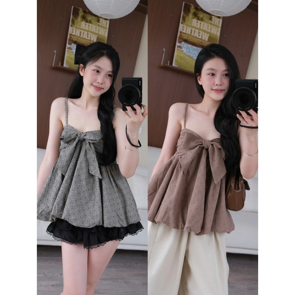 Misty Top (TSW) Áo hai dây kẻ nơ ngực dáng xoè Nữ the.sweaterweather