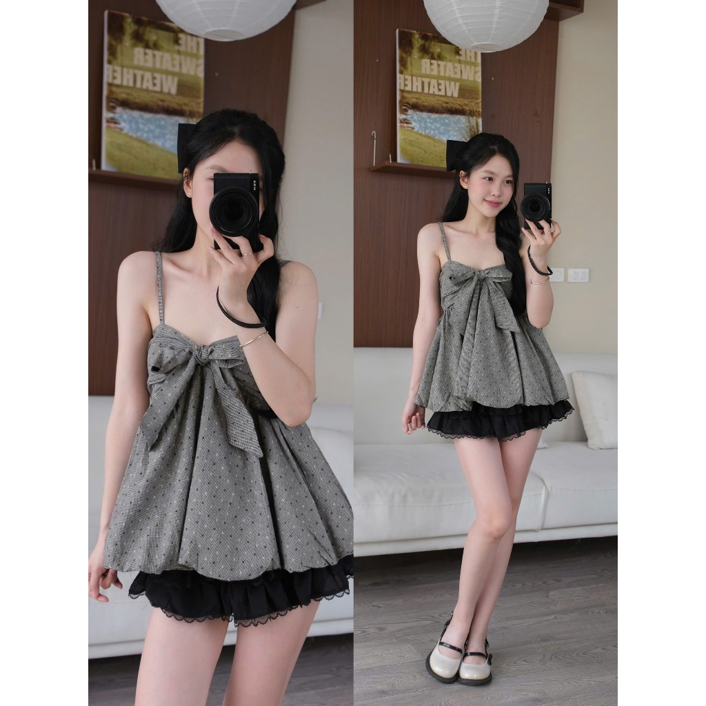Misty Top (TSW) Áo hai dây kẻ nơ ngực dáng xoè Nữ the.sweaterweather
