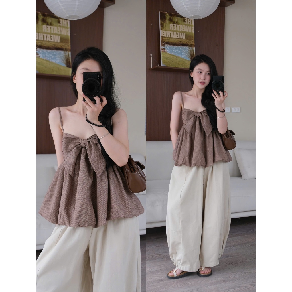 Misty Top (TSW) Áo hai dây kẻ nơ ngực dáng xoè Nữ the.sweaterweather