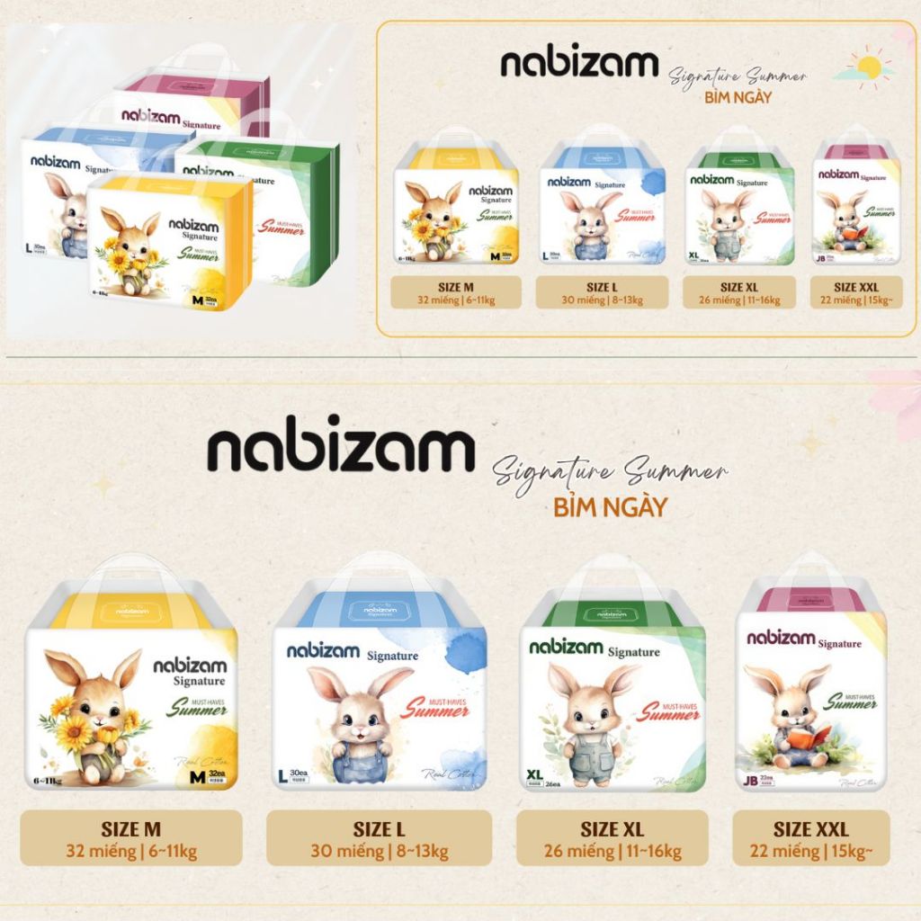 [ Tặng 1 Bịch Bỉm Cùng Loại ] Combo 3 Bịch Tã/Bỉm Quần NABIZAM Signature Summer Đai Chun Cao Cấp Mỏng Mềm, Siêu Thấm Hút