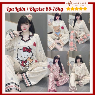 Bộ đồ ngủ pijama nữ bigsize 55-75kg dài tay dài lụa lạnh latin mịn mát 75DD01 mặc nhà dễ thương sang chảnh