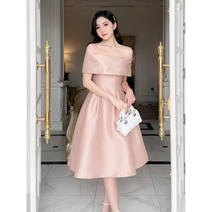 C10 Váy thiết kế CALYN kiểu dáng trễ vai đính đá đầm dự tiêc sang chảnh, váy tiểu thư nhẹ nhàng,váy nữ