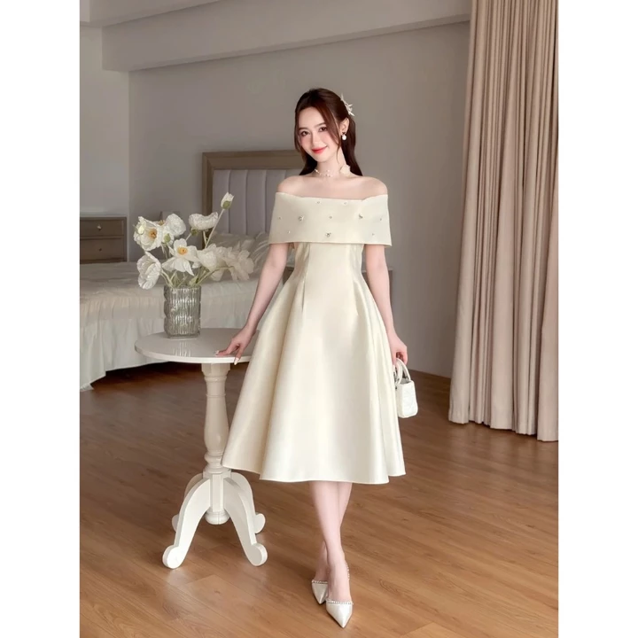 C10 Váy thiết kế CALYN kiểu dáng trễ vai đính đá đầm dự tiêc sang chảnh, váy tiểu thư nhẹ nhàng,váy nữ