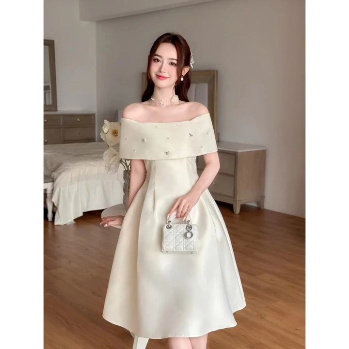 C10 Váy thiết kế CALYN kiểu dáng trễ vai đính đá đầm dự tiêc sang chảnh, váy tiểu thư nhẹ nhàng,váy nữ