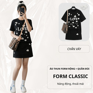Set Bộ Áo Thun Nữ CHEPOL Form Rộng, Cổ Tròn, Phối Chân Váy Ngắn, Chất Cotton ( Áo Thun Đen + Chân Váy Ngắn Đen)-CP_x8821