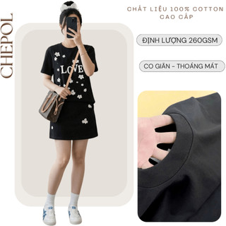 Set Bộ Áo Thun Nữ CHEPOL Form Rộng, Cổ Tròn, Phối Chân Váy Ngắn, Chất Cotton ( Áo Thun Đen + Chân Váy Ngắn Đen)-CP_x8821