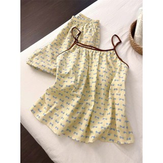 Set mặc nhà nữ mùa hè JOIE TRENDY, Bộ ngủ 2 dây quần đùi dáng suông giấu bụng họa tiết nơ xanh viền nâu xinh xắn